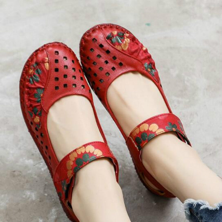 Flower Round Toe Soft Bottom Vintage Leather Flat Shoes, 35, 36, 37, 38, 39, 40, 41, 42