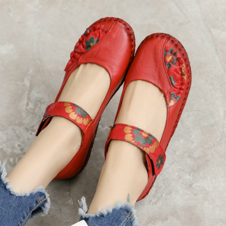 Flower Round Toe Soft Bottom Vintage Leather Flat Shoes, 35, 36, 37, 38, 39, 40, 41, 42