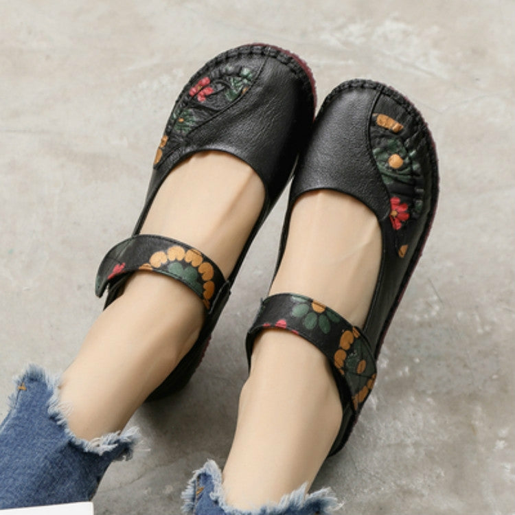 Flower Round Toe Soft Bottom Vintage Leather Flat Shoes, 35, 36, 37, 38, 39, 40, 41, 42