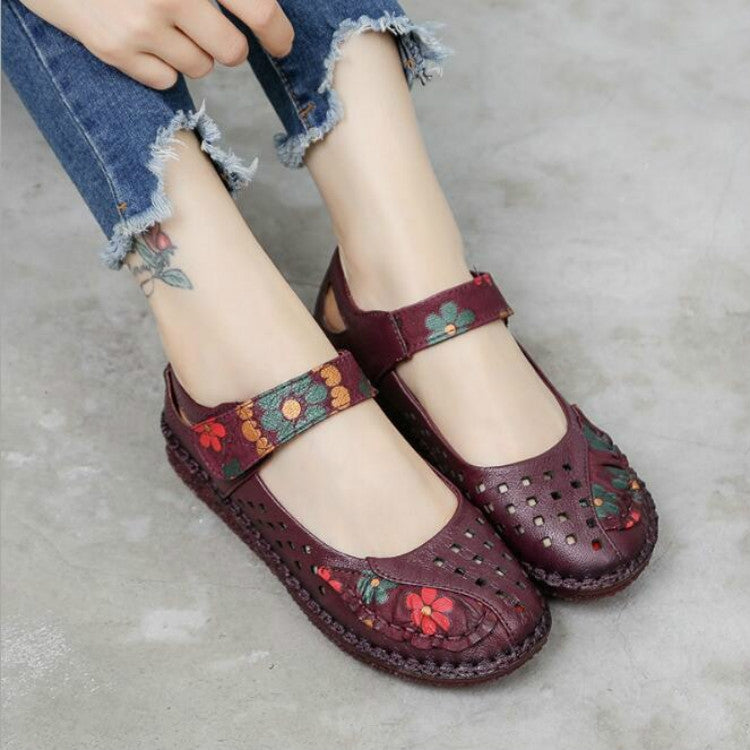 Flower Round Toe Soft Bottom Vintage Leather Flat Shoes, 35, 36, 37, 38, 39, 40, 41, 42