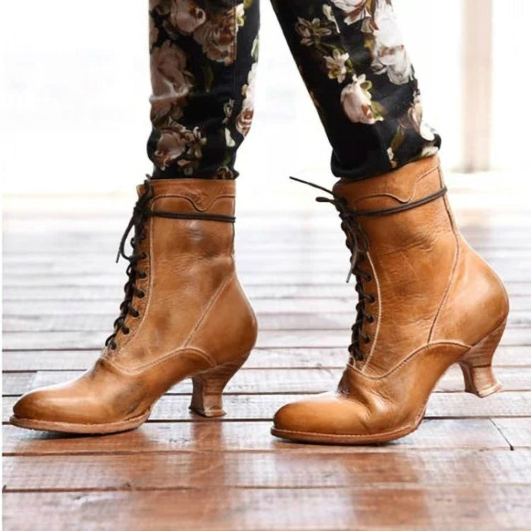 Women High Heels Large Size Lace Boots Fighter Retro PU Leather Round Toe Shoes, 34, 35, 36, 37, 38, 39, 40, 41, 42, 43
