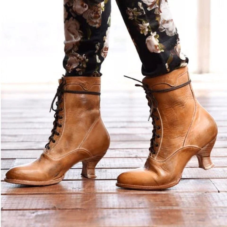 Women High Heels Large Size Lace Boots Fighter Retro PU Leather Round Toe Shoes, 34, 35, 36, 37, 38, 39, 40, 41, 42, 43
