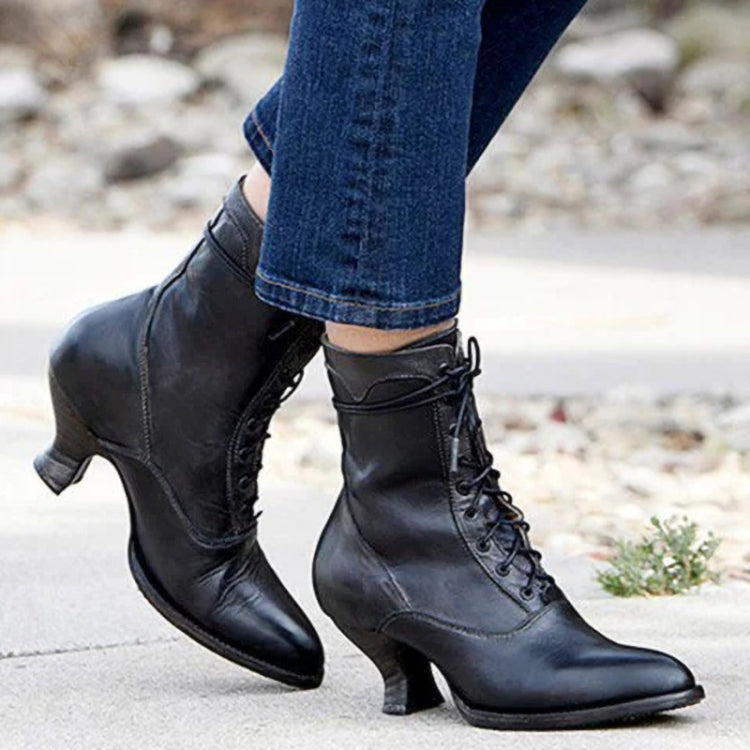 Women High Heels Large Size Lace Boots Fighter Retro PU Leather Round Toe Shoes, 34, 35, 36, 37, 38, 39, 40, 41, 42, 43