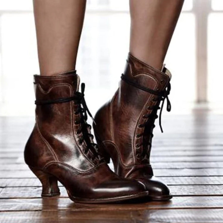 Women High Heels Large Size Lace Boots Fighter Retro PU Leather Round Toe Shoes, 34, 35, 36, 37, 38, 39, 40, 41, 42, 43