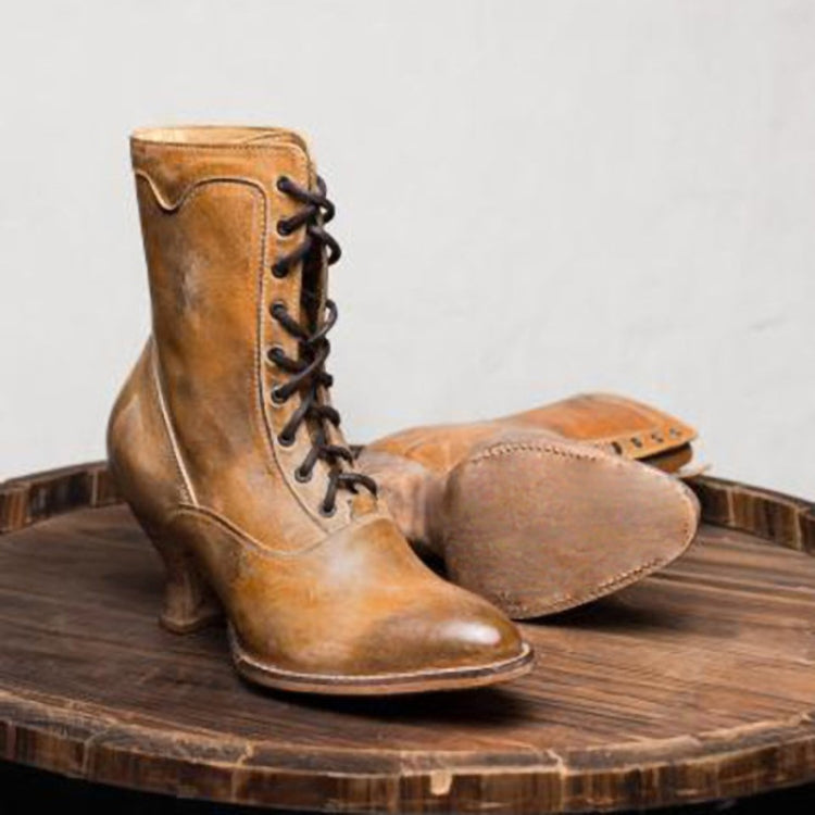 Women High Heels Large Size Lace Boots Fighter Retro PU Leather Round Toe Shoes, 34, 35, 36, 37, 38, 39, 40, 41, 42, 43