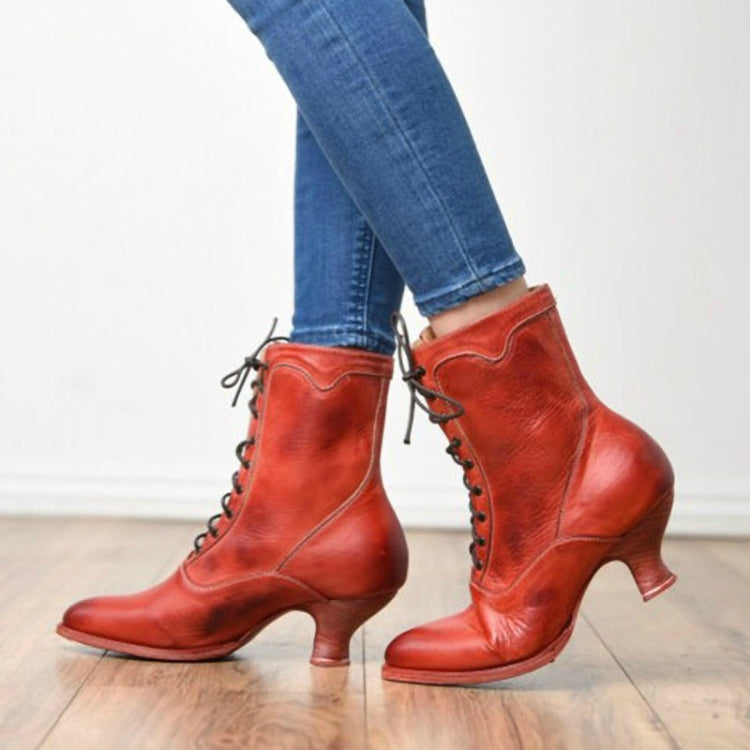 Women High Heels Large Size Lace Boots Fighter Retro PU Leather Round Toe Shoes, 34, 35, 36, 37, 38, 39, 40, 41, 42, 43