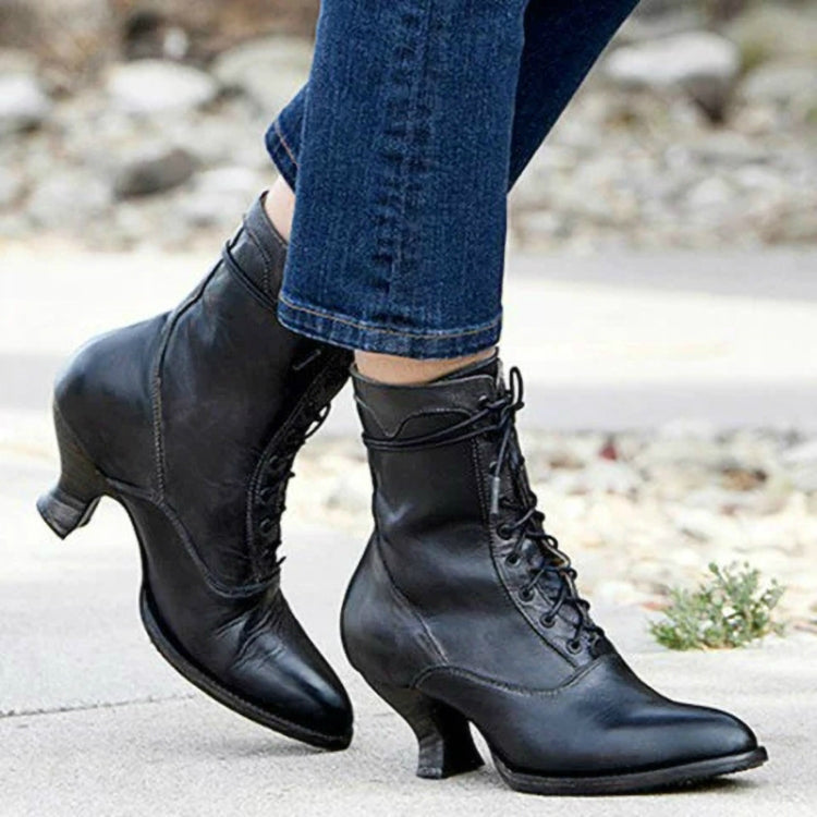 Women High Heels Large Size Lace Boots Fighter Retro PU Leather Round Toe Shoes, 34, 35, 36, 37, 38, 39, 40, 41, 42, 43