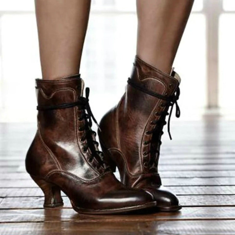 Women High Heels Large Size Lace Boots Fighter Retro PU Leather Round Toe Shoes, 34, 35, 36, 37, 38, 39, 40, 41, 42, 43