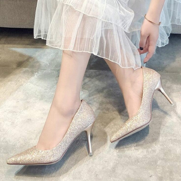 Women Shoes Shallow Glitter Frosted Stiletto, 34, 35, 36, 37, 39