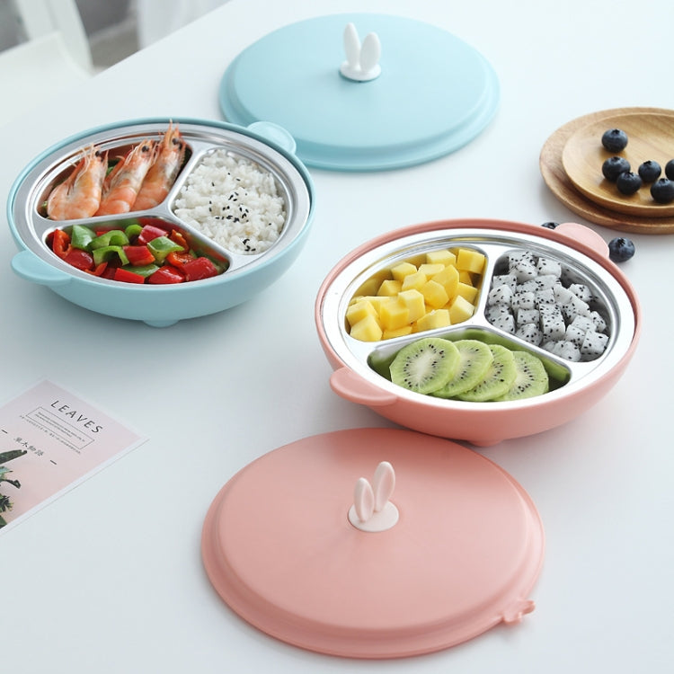 Stainless Steel Baby Dinner Plate Cartoon Rabbit Ears Shape Lattice Student Tableware Infant Food Supplement Training Rice Bowl Fast Food Plate, Blue, Pink