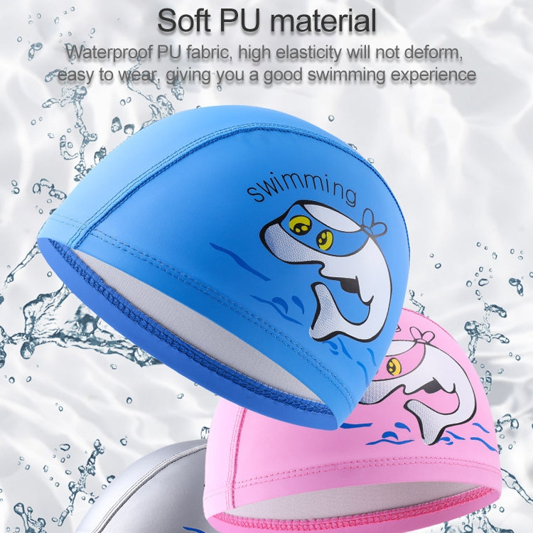 Children Swimming Cap PU Printed Cute Dolphin Pattern Elastic Swimming Cap, Children PU Swimming Cap (Dark Blue), Children PU Swimming Cap (Pink), Children PU Swimming Cap (Sky Blue), Children PU Swimming Cap (Silver Grey)
