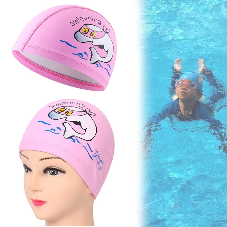 Children Swimming Cap PU Printed Cute Dolphin Pattern Elastic Swimming Cap, Children PU Swimming Cap (Dark Blue), Children PU Swimming Cap (Pink), Children PU Swimming Cap (Sky Blue), Children PU Swimming Cap (Silver Grey)