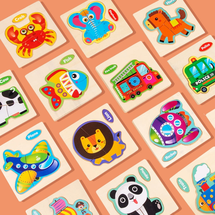 10 PCS Children Educational Animal Three-Dimensional Wooden Puzzle Toy, Panda, Tortoise, Police Car, Train, Fire Truck, Big Truck, Steamship, Owl, Cows, Rocket, Hot Air Balloon, Lion, Tiger, Elephant, Sea Lion, Crab, Aircraft, Pony, Goldfish, Bear