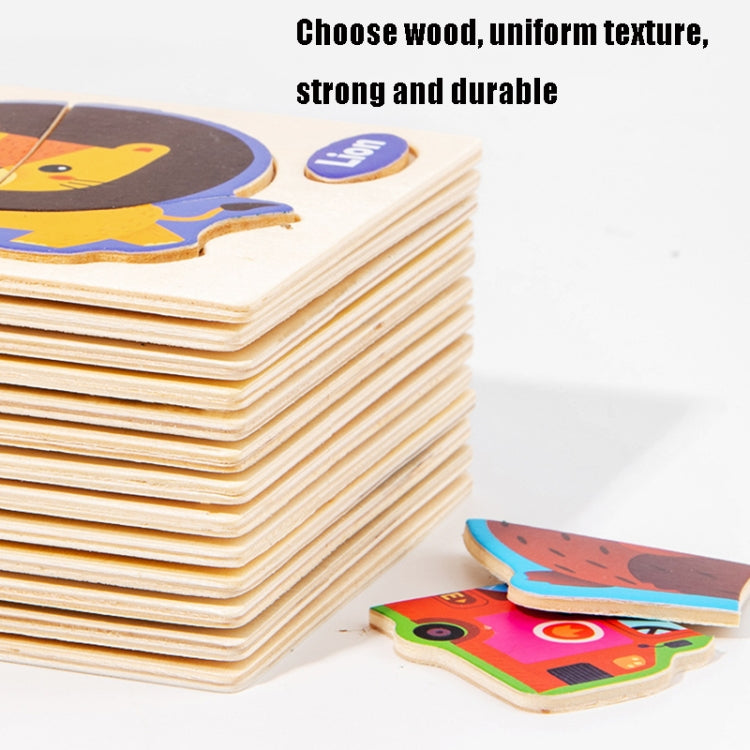 10 PCS Children Educational Animal Three-Dimensional Wooden Puzzle Toy, Panda, Tortoise, Police Car, Train, Fire Truck, Big Truck, Steamship, Owl, Cows, Rocket, Hot Air Balloon, Lion, Tiger, Elephant, Sea Lion, Crab, Aircraft, Pony, Goldfish, Bear