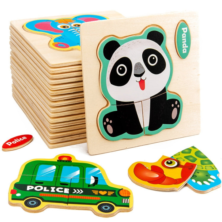10 PCS Children Educational Animal Three-Dimensional Wooden Puzzle Toy, Panda, Tortoise, Police Car, Train, Fire Truck, Big Truck, Steamship, Owl, Cows, Rocket, Hot Air Balloon, Lion, Tiger, Elephant, Sea Lion, Crab, Aircraft, Pony, Goldfish, Bear