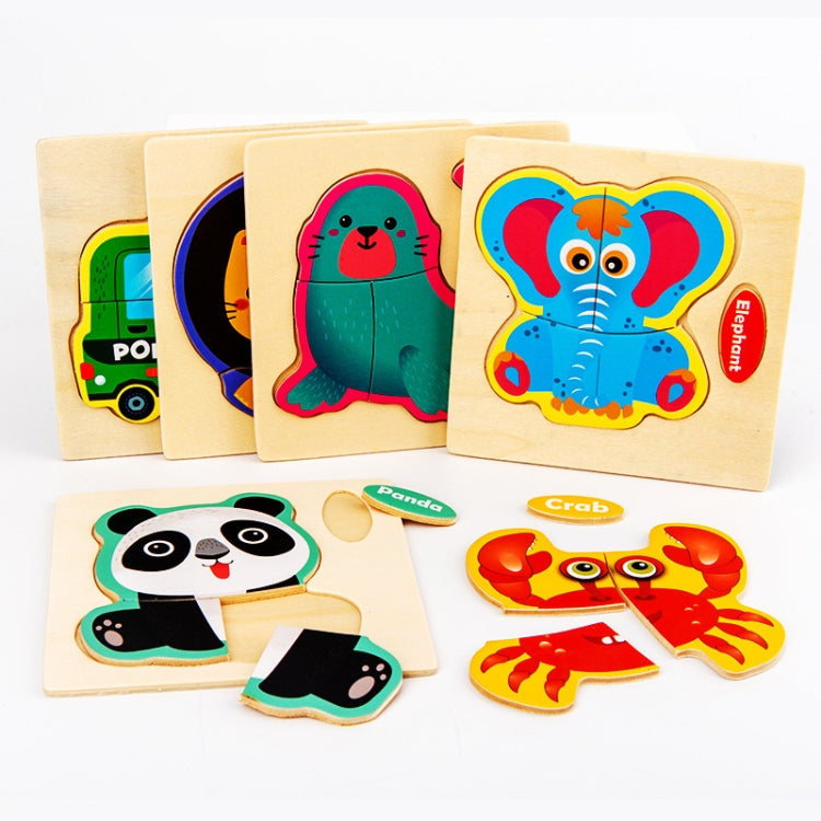 10 PCS Children Educational Animal Three-Dimensional Wooden Puzzle Toy, Panda, Tortoise, Police Car, Train, Fire Truck, Big Truck, Steamship, Owl, Cows, Rocket, Hot Air Balloon, Lion, Tiger, Elephant, Sea Lion, Crab, Aircraft, Pony, Goldfish, Bear