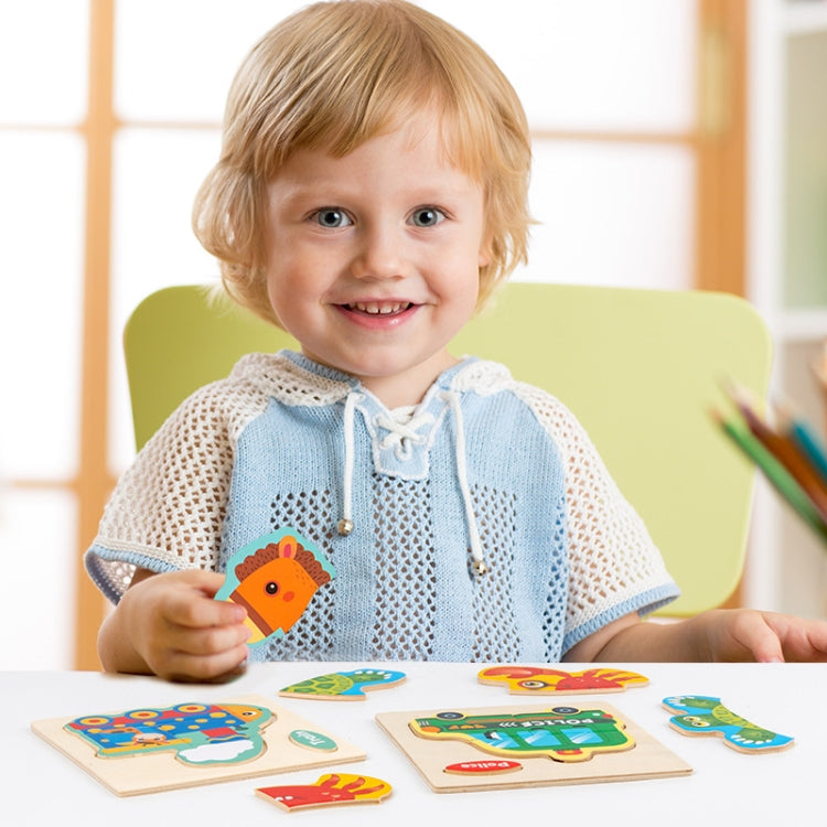 10 PCS Children Educational Animal Three-Dimensional Wooden Puzzle Toy, Panda, Tortoise, Police Car, Train, Fire Truck, Big Truck, Steamship, Owl, Cows, Rocket, Hot Air Balloon, Lion, Tiger, Elephant, Sea Lion, Crab, Aircraft, Pony, Goldfish, Bear