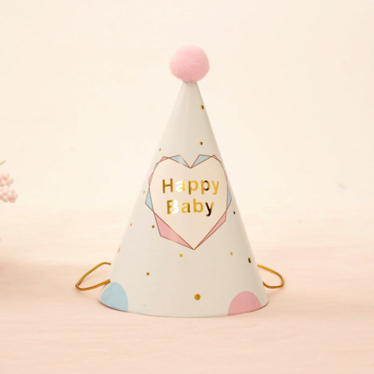 10 PCS Children Adult Birthday Party Hat Fur Ball Birthday Paper Hat, Geometric Pink, Polygon Love Heart, Half Round Five-pointed Star Pink, Half Round Five-pointed Star Blue, Rainbow Style, European Lace Pink, Rhombus Line Black, Dot Black