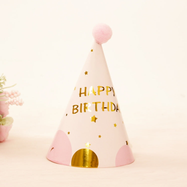10 PCS Children Adult Birthday Party Hat Fur Ball Birthday Paper Hat, Geometric Pink, Polygon Love Heart, Half Round Five-pointed Star Pink, Half Round Five-pointed Star Blue, Rainbow Style, European Lace Pink, Rhombus Line Black, Dot Black