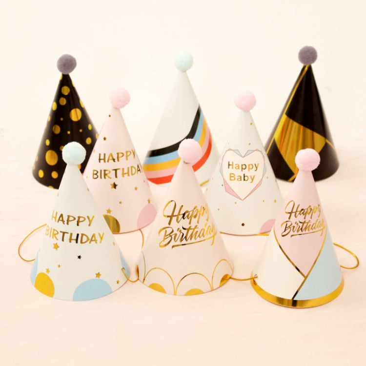 10 PCS Children Adult Birthday Party Hat Fur Ball Birthday Paper Hat, Geometric Pink, Polygon Love Heart, Half Round Five-pointed Star Pink, Half Round Five-pointed Star Blue, Rainbow Style, European Lace Pink, Rhombus Line Black, Dot Black