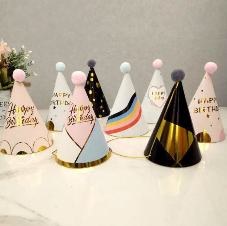 10 PCS Children Adult Birthday Party Hat Fur Ball Birthday Paper Hat, Geometric Pink, Polygon Love Heart, Half Round Five-pointed Star Pink, Half Round Five-pointed Star Blue, Rainbow Style, European Lace Pink, Rhombus Line Black, Dot Black