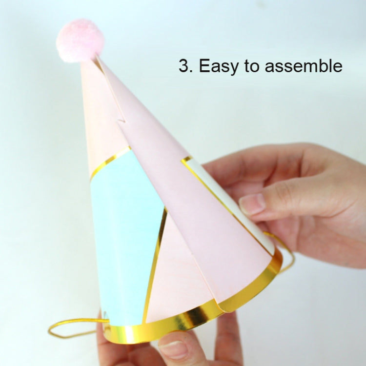 10 PCS Children Adult Birthday Party Hat Fur Ball Birthday Paper Hat, Geometric Pink, Polygon Love Heart, Half Round Five-pointed Star Pink, Half Round Five-pointed Star Blue, Rainbow Style, European Lace Pink, Rhombus Line Black, Dot Black