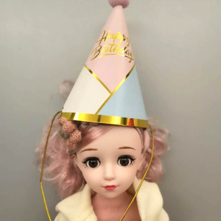 10 PCS Children Adult Birthday Party Hat Fur Ball Birthday Paper Hat, Geometric Pink, Polygon Love Heart, Half Round Five-pointed Star Pink, Half Round Five-pointed Star Blue, Rainbow Style, European Lace Pink, Rhombus Line Black, Dot Black