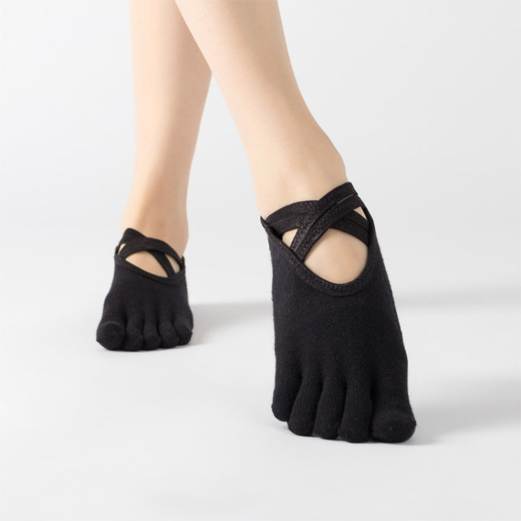 Terry Five-Finger Socks Cotton Thickened Warm and Non-Slip Yoga Socks Cross Strap Dance Socks, One Size