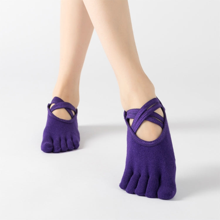 Terry Five-Finger Socks Cotton Thickened Warm and Non-Slip Yoga Socks Cross Strap Dance Socks, One Size