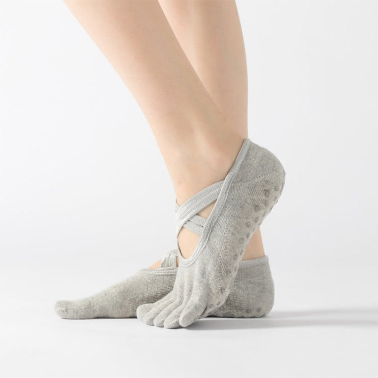 Terry Five-Finger Socks Cotton Thickened Warm and Non-Slip Yoga Socks Cross Strap Dance Socks, One Size