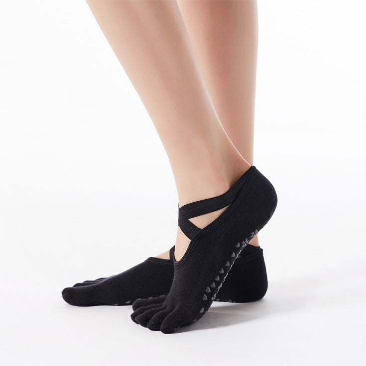 1 Pair Five-Finger Cross-Lace Yoga Cotton Socks Fashion Non-Slip Sports Dance Socks, One Size