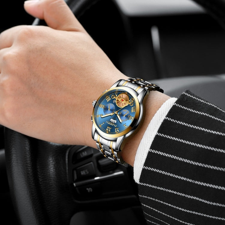 FNGEEN 4001 Men Non-Mechanical Watch Multi-Function Quartz Watch, Gold Blue Surface, Gold White Surface, White Steel Blue Surface, White Steel White Surface, Brown Leather Gold Blue Surface, Brown leather Gold White Surface                             ...