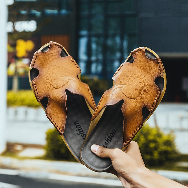 Summer Men Leather Slippers Casual Large Size Flat Beach Shoes, 38, 39, 40, 41, 42, 43, 44, 45, 46, 47, 48
