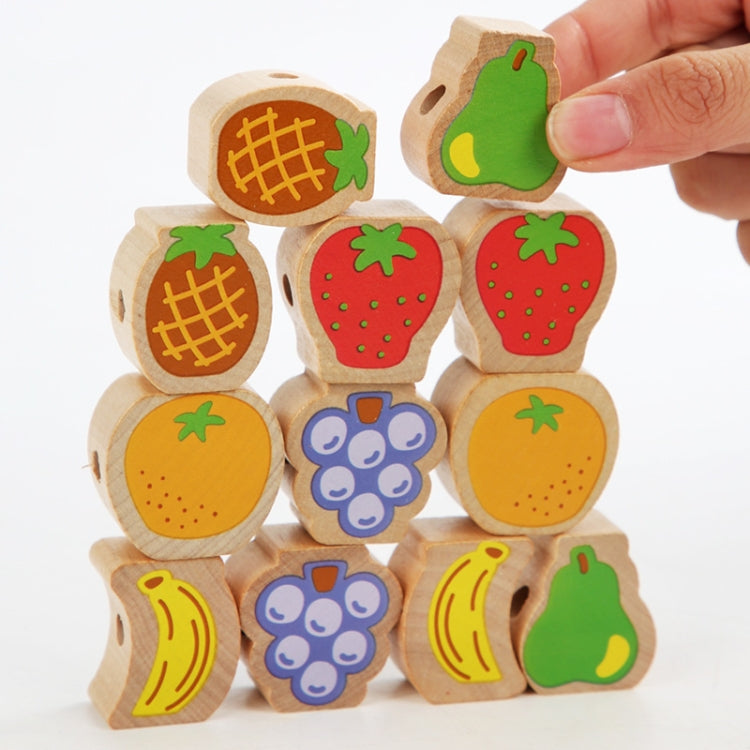 Monki Children Wooden Fruits Beads Building Blocks Wearing Rope Game Puzzle Toys, Fruits
