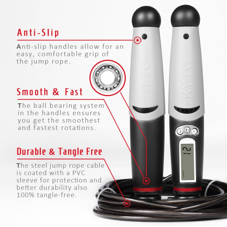 KYTO 2106B Corded Version Calorie Electronic Counting Skipping Rope Adult Fitness Timing Skipping Rope, with Steel Wire Rope (Black Gray), with 2 Steel Wire Ropes (Black Gray)