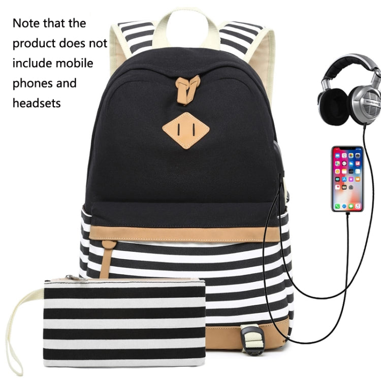 2 PCS/Set Printed Canvas Backpack Student School Bag Striped Large Capacity Backpack, Green, Black, Dark Blue, Pink, Grey