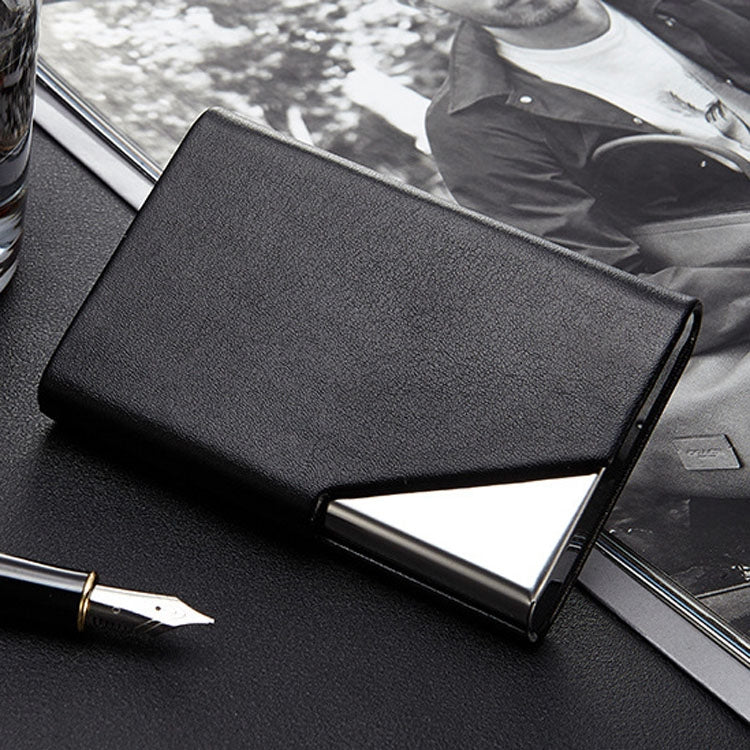 Men Leather Stainless Steel Business Card Clamp, Black, Brown, Grey, Apricot