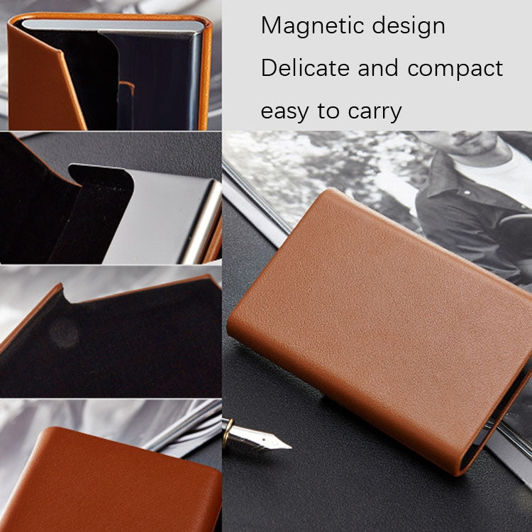 Men Leather Stainless Steel Business Card Clamp, Black, Brown, Grey, Apricot