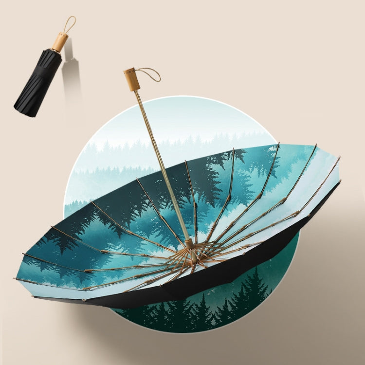 3-fold 16-bone Hand Open Umbrella Retro Wood Handle Black Glue Sunshade Umbrella, Spring Tree, Prune Tree, Jiangnan, Sunset Mountain, Chrysanthemum