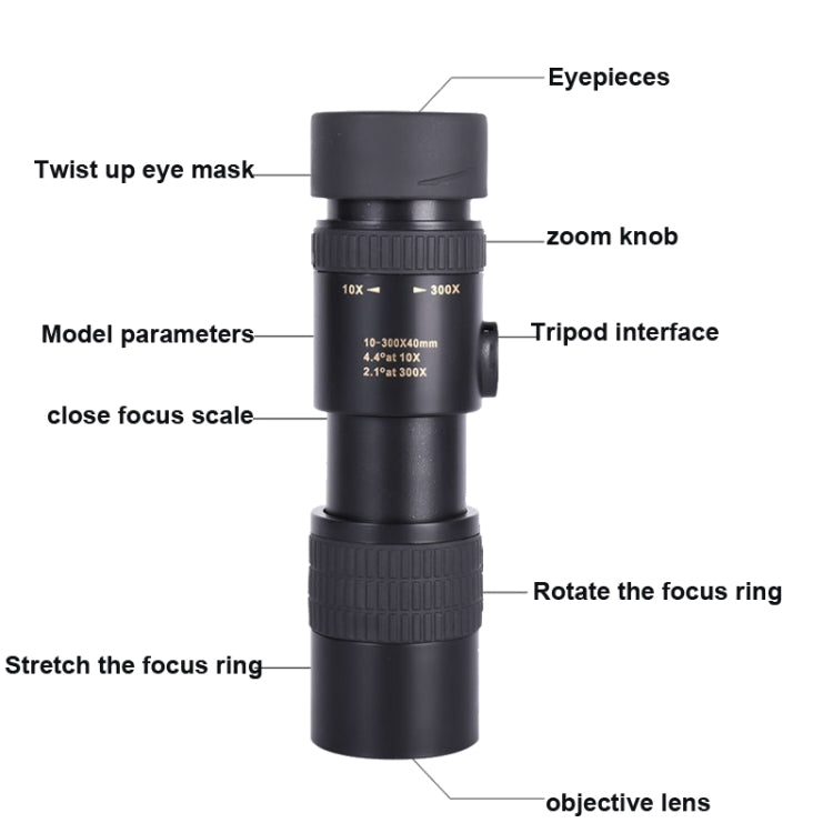 10-300x40 Monocular HD Telescope BAK4 Prism Telescope,Style:, Standard, With Photo Holder+Tripod