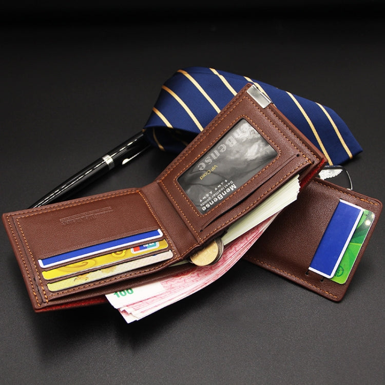 MenBense Short Fashion Leisure Iron Side Pumping Card Clip Wallet, Black, Dark Brown, Light Brown