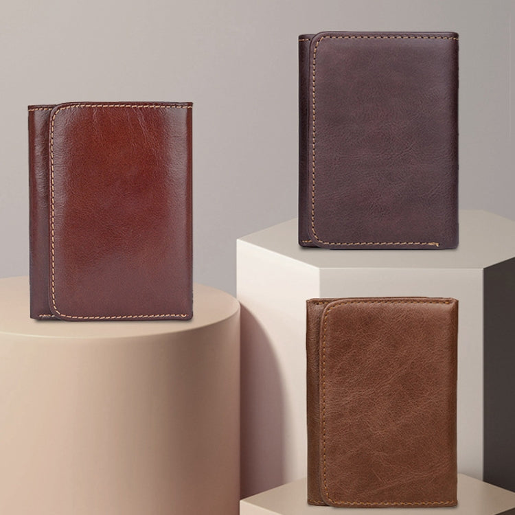 Men Casual Retro RFID Blocking Anti-Scanning Cowhide Leather Short Wallet, Coffee, Chocolate Color, Maroon