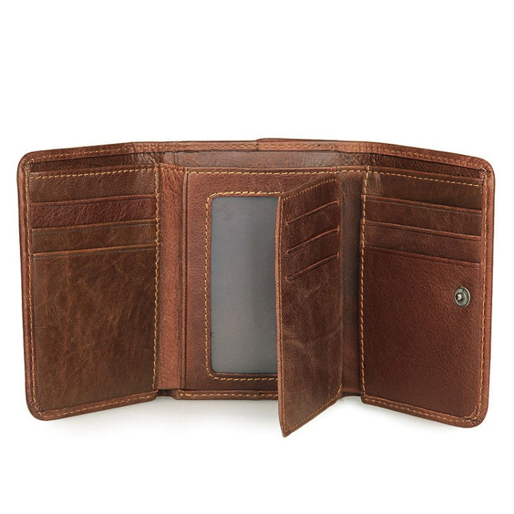 Men Casual Retro RFID Blocking Anti-Scanning Cowhide Leather Short Wallet, Coffee, Chocolate Color, Maroon
