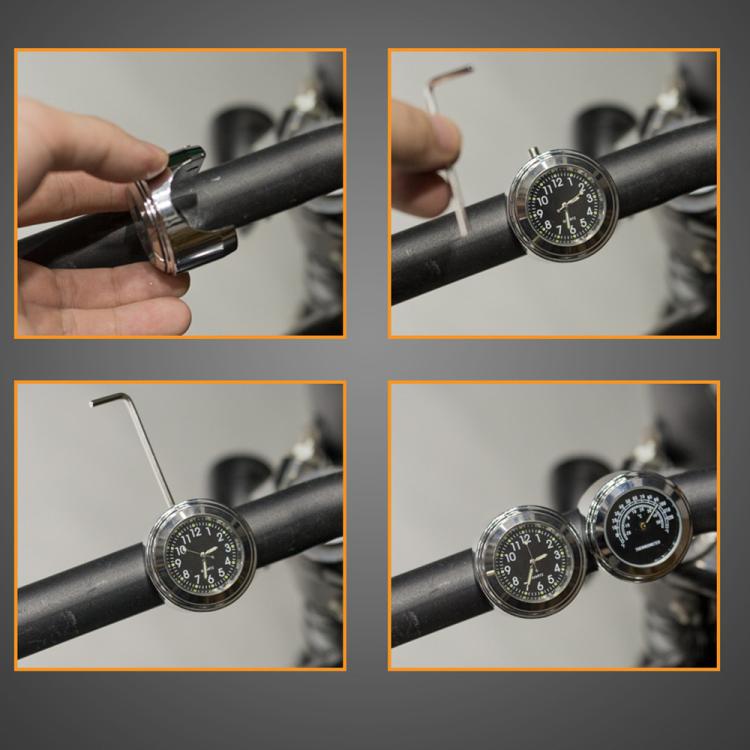Aluminum Alloy Plating Motorcycle Handlebar Clock, Clock Silver Shell White Background, Clock Black Shell White Background, Clock Black Shell Black Background, Clock Silver Shell Black Background