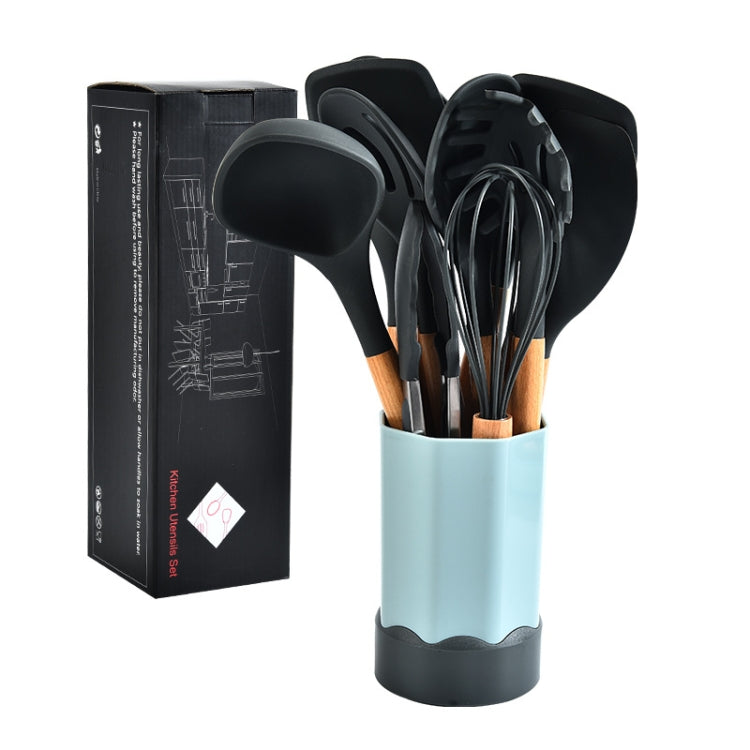 Beech Wood Silicone Kitchen Set With Storage Bucket, Dark Gray, Gray Blue, Green, Khaki