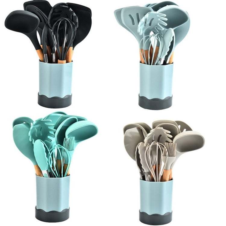Beech Wood Silicone Kitchen Set With Storage Bucket, Dark Gray, Gray Blue, Green, Khaki