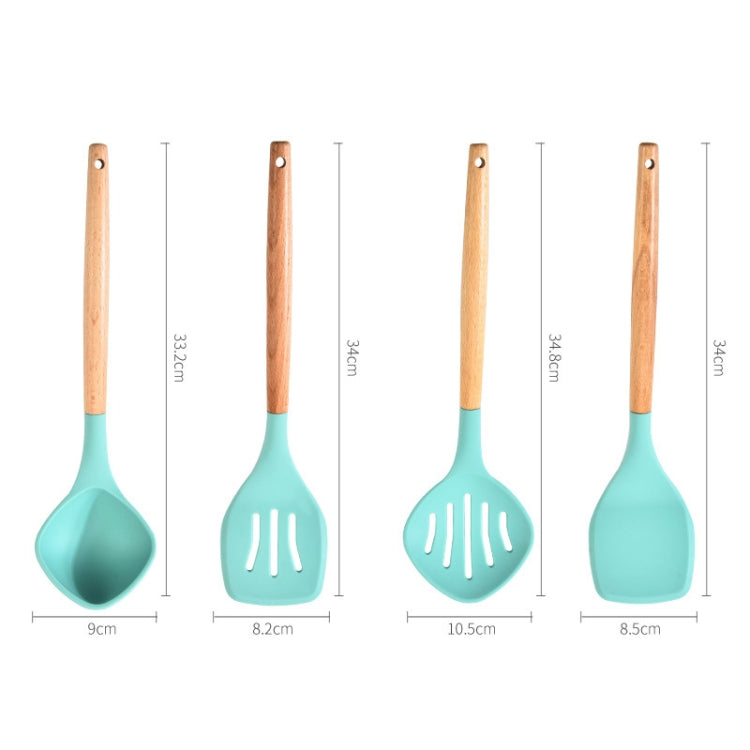 Beech Wood Silicone Kitchen Set With Storage Bucket, Dark Gray, Gray Blue, Green, Khaki