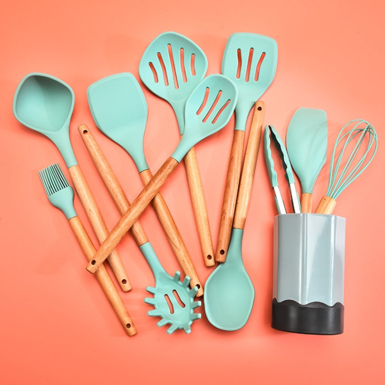 Beech Wood Silicone Kitchen Set With Storage Bucket, Dark Gray, Gray Blue, Green, Khaki