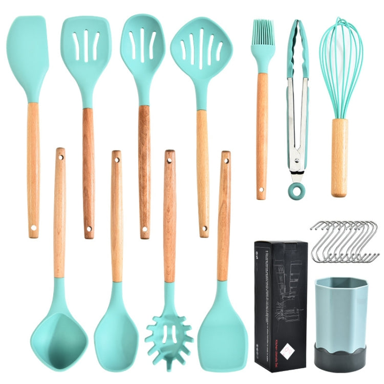 Beech Wood Silicone Kitchen Set With Storage Bucket, Dark Gray, Gray Blue, Green, Khaki