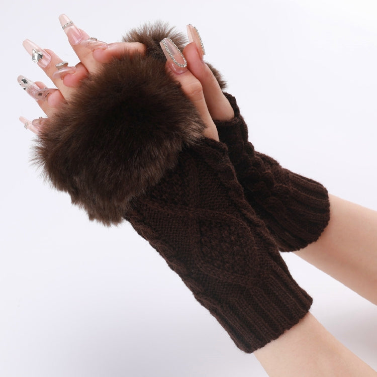 Ladies Short Type Furry Gloves Diamond Knit Warm Fingerless Arm Sleeves, Beige, Dark Gray, Light Grey, White, Black, Wine Red, Tibetan, Coffee, Khaki